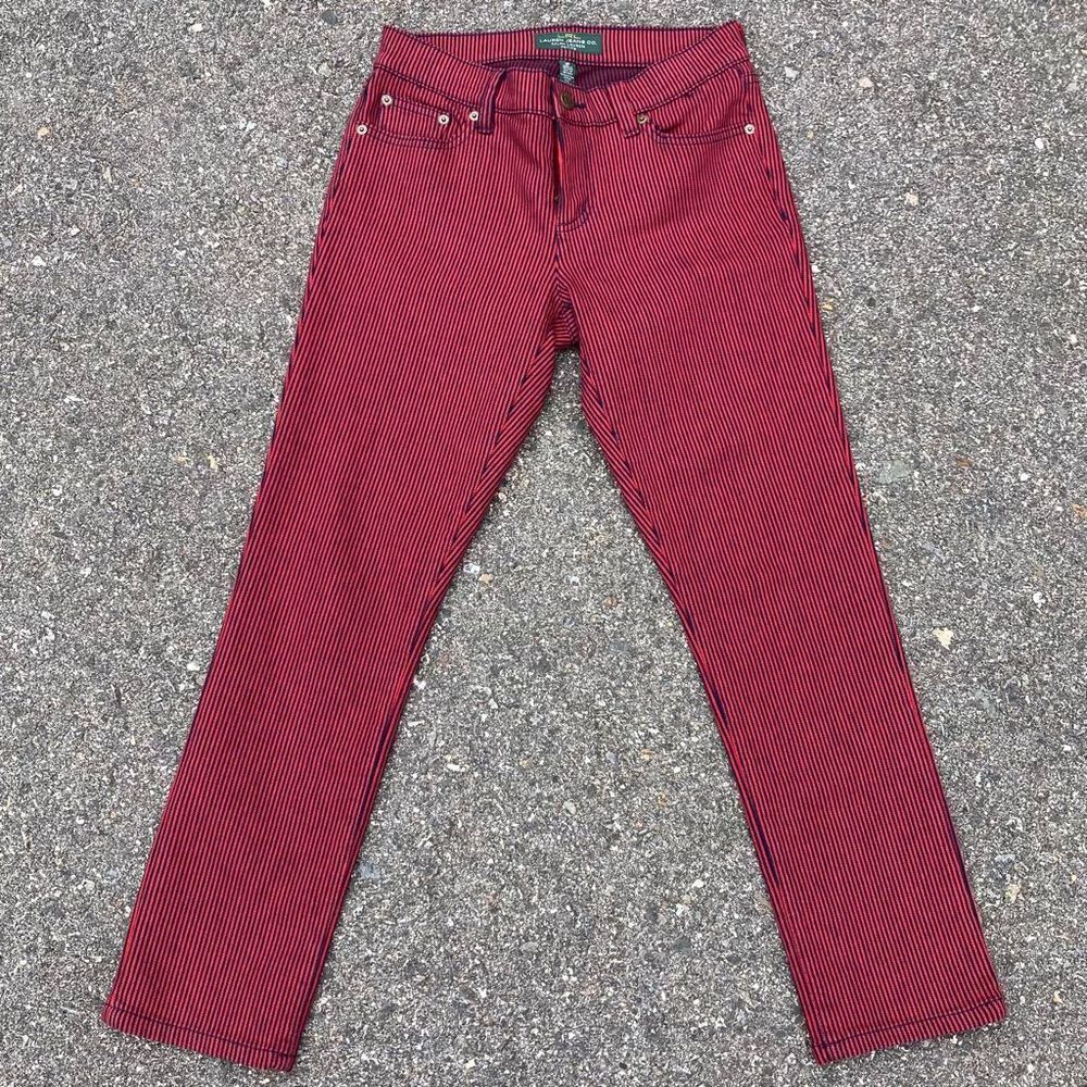 Ralph Lauren LRL, Red & Navy Pinstripe Pants Modern Straight Leg Denim 2P Petite